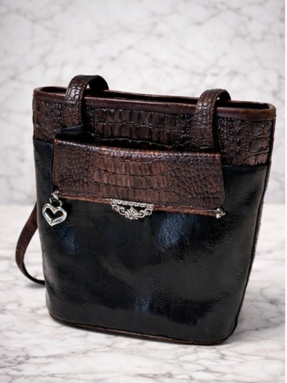 Brighton Black Brown Croc Embossed Leather Tote Shoulder Bag Heart Charm